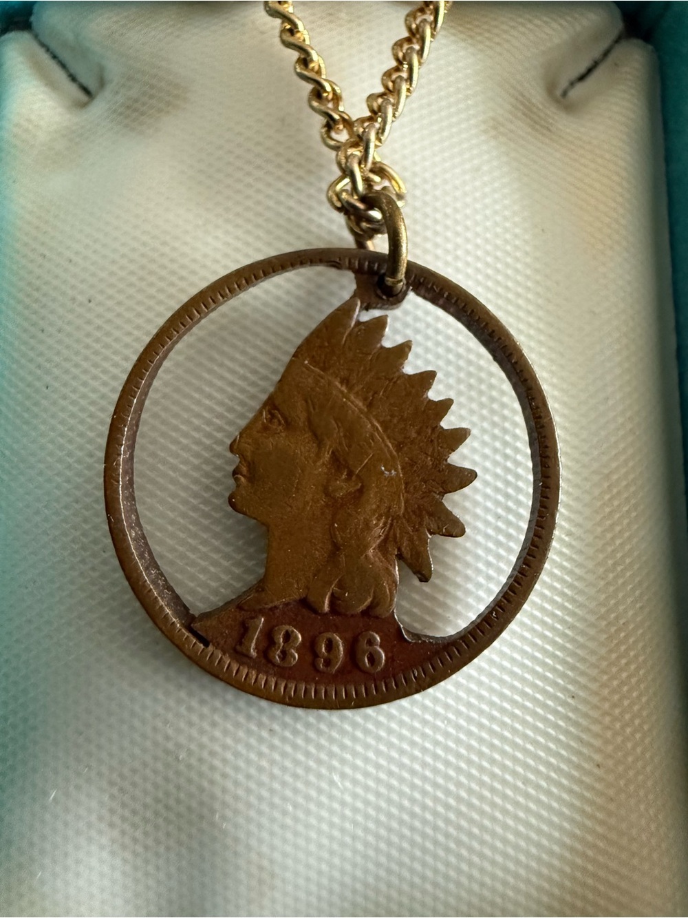 Real 1896 Indian Head Coin Pendant  w/ 18” Gold Tone Necklace. Grandma’s jewelry